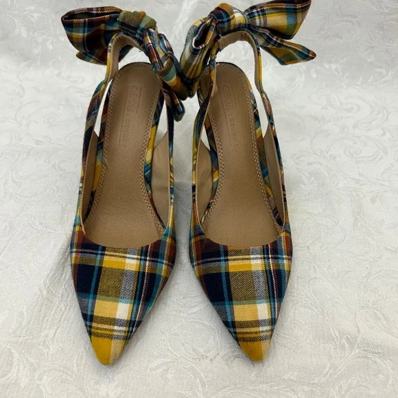 asos Plaid Slingback Pumps with Bow on heel szUK4/US6 Yellow Multi color - Picture 1 of 8
